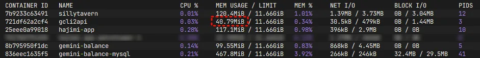 gcli2api 资源占用情况